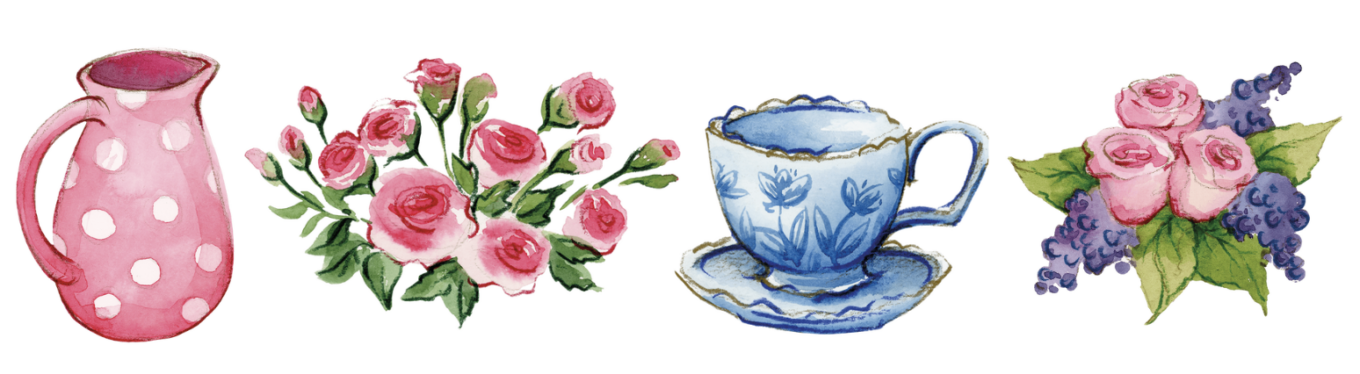 Flowers in a cup, cottage watercolor by swiejko